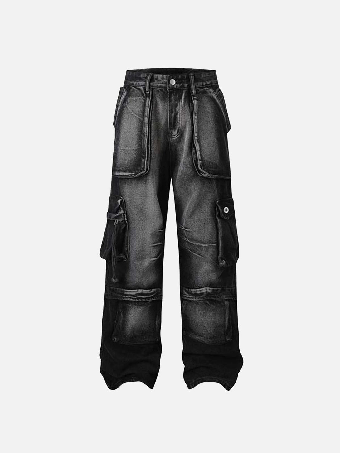 Front view of black gradient cargo jeans by TALISHKO, featuring multiple pockets for a trendy look.