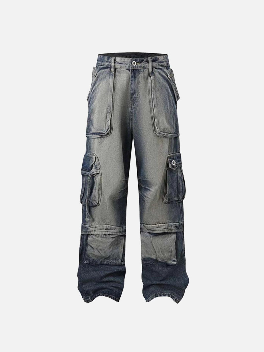 Front view of blue gradient cargo jeans by TALISHKO, featuring multiple pockets for a stylish look.