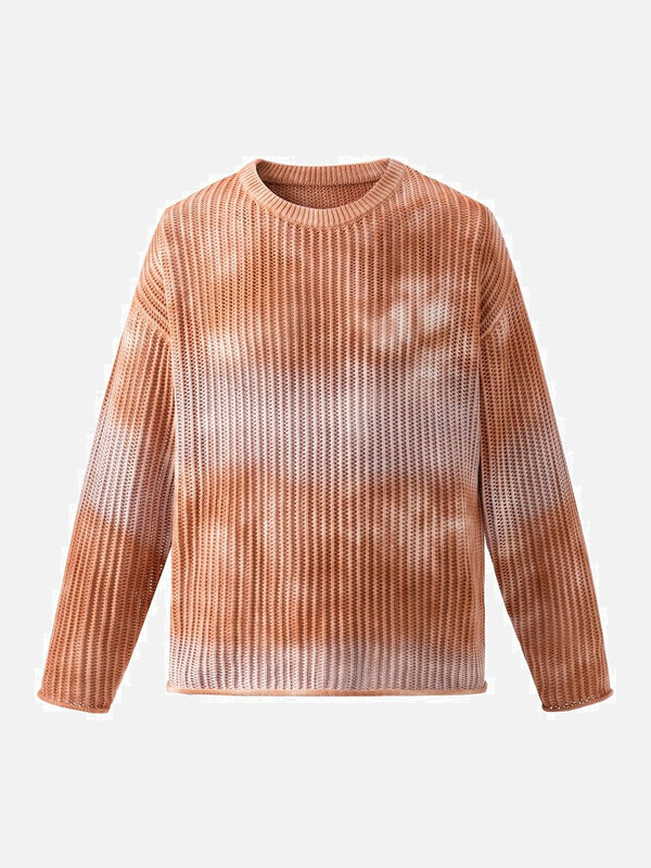 Front view of TALISHKO's orange gradient ombre knit crew neck sweater, perfect for casual style.