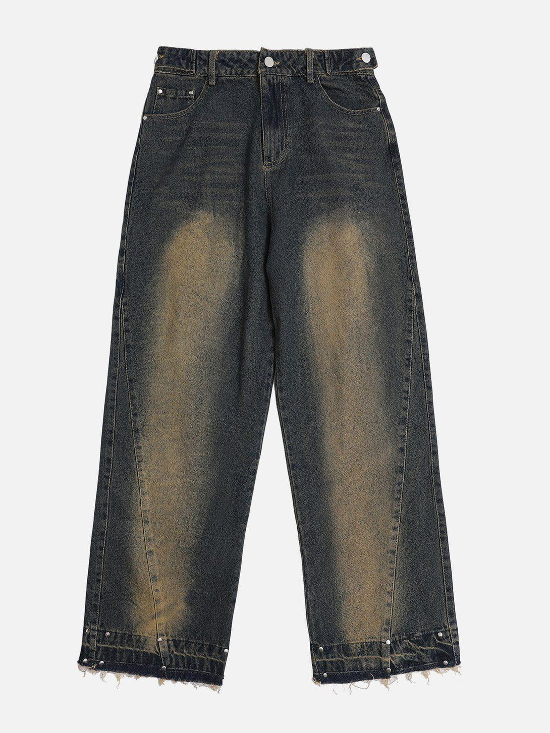 Front view of TALISHKO's gradient raw edge jeans in blue, showcasing a relaxed streetwear style.