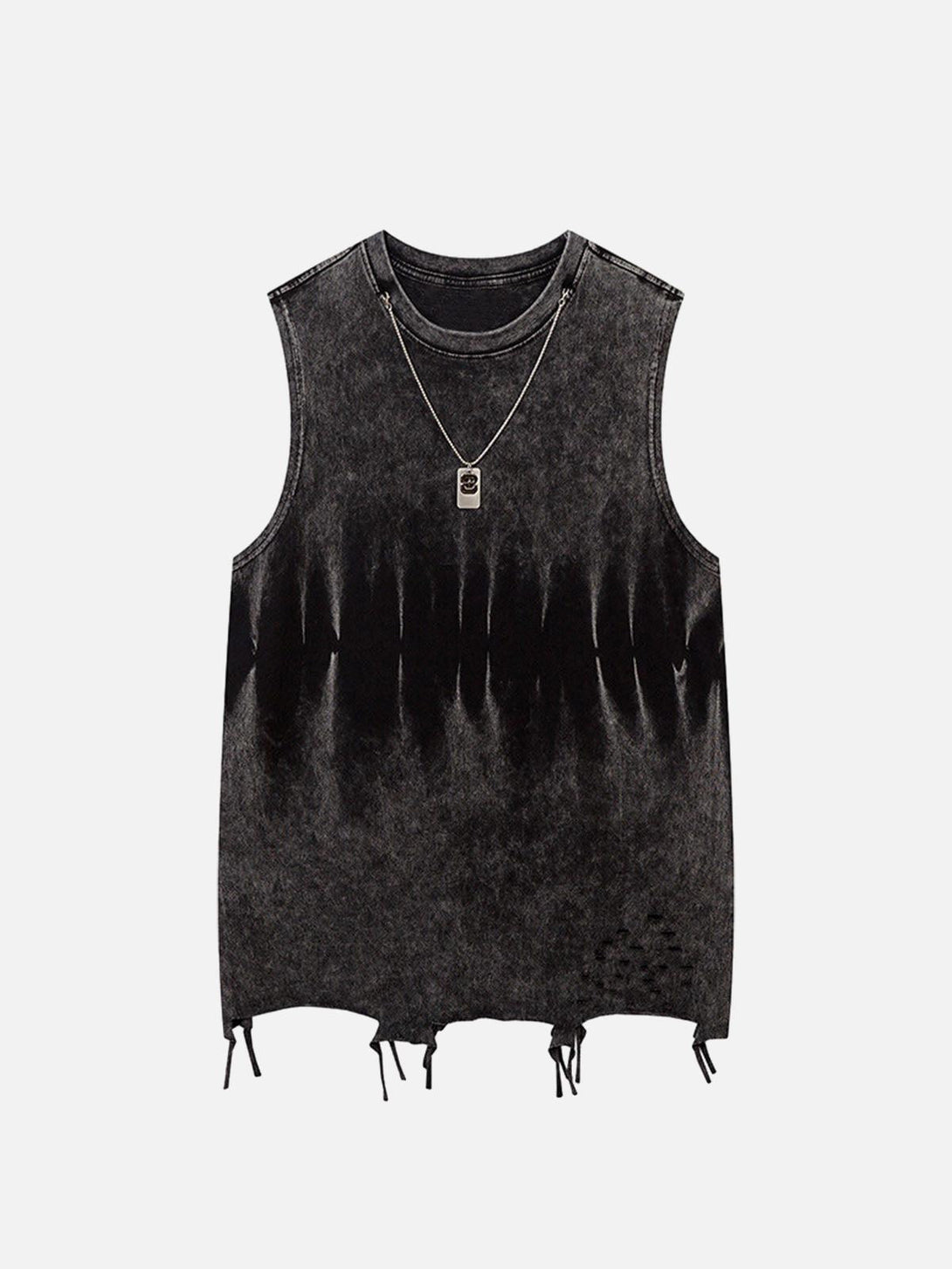 Front view of a black gradient tie-dye vest with raw edges by TALISHKO, featuring a casual necklace.