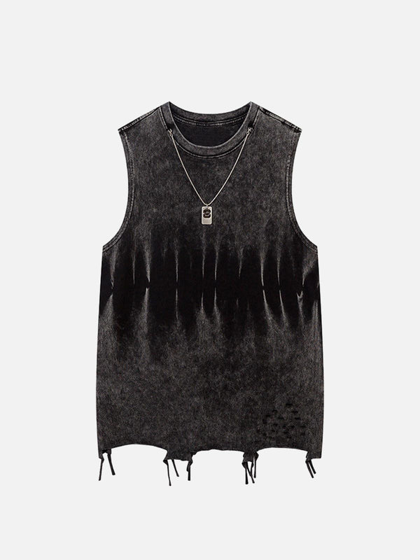 Front view of a black gradient tie-dye vest with raw edges by TALISHKO, featuring a casual necklace.