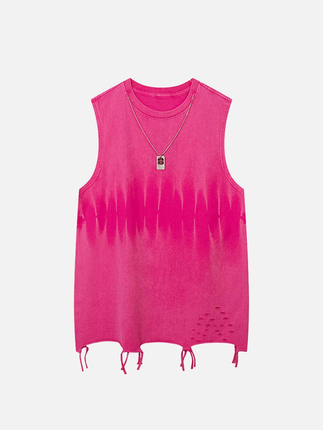 Front view of a rose red gradient tie-dye vest by TALISHKO, featuring raw edges and casual style.