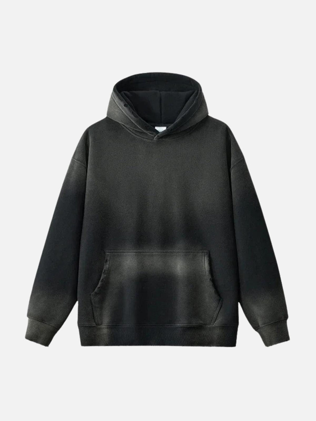 Front view of a black gradient washed hoodie by TALISHKO, featuring a relaxed, urban style.