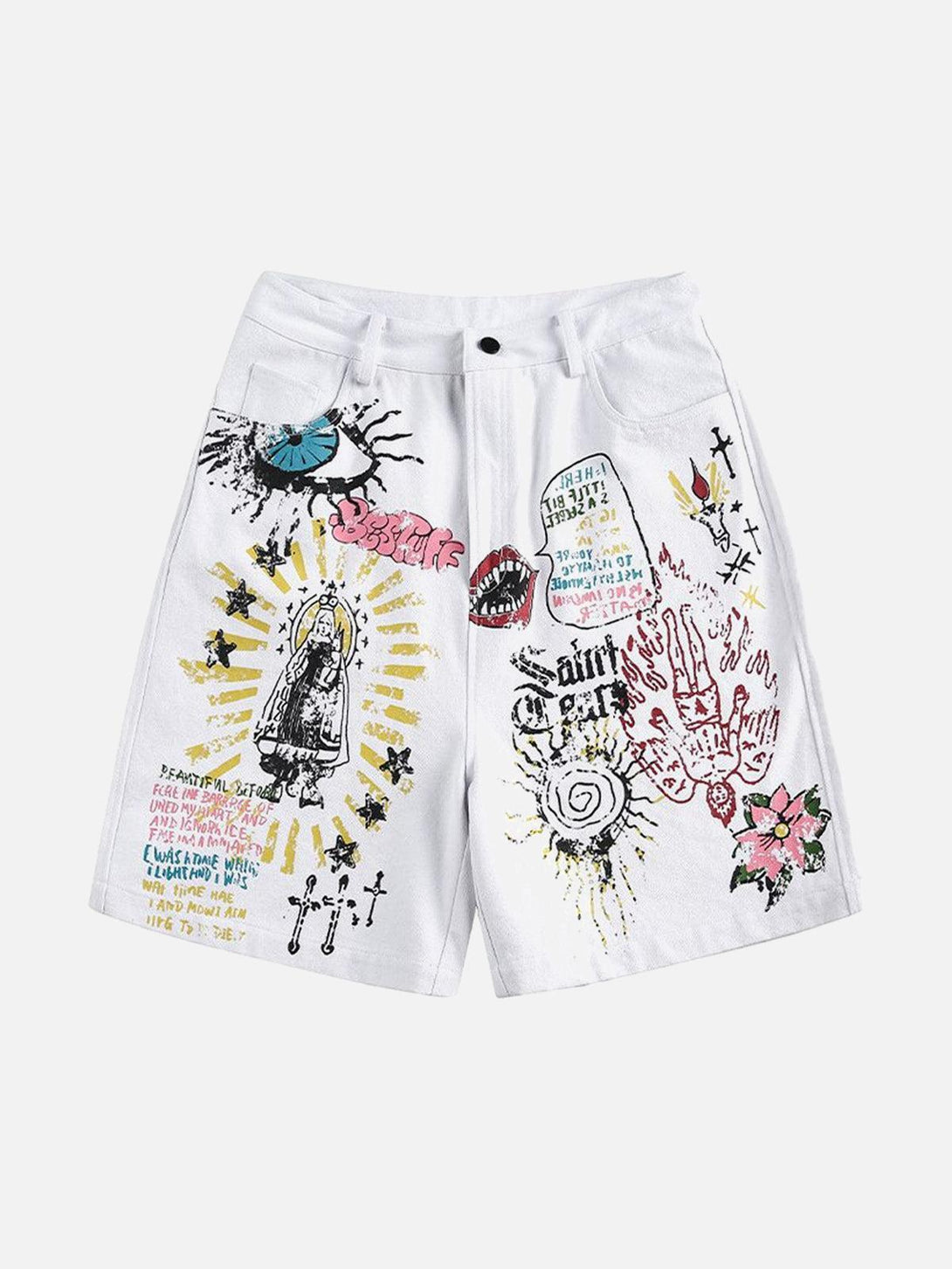 Front view of white TALISHKO denim shorts featuring vibrant graffiti art and eclectic designs.
