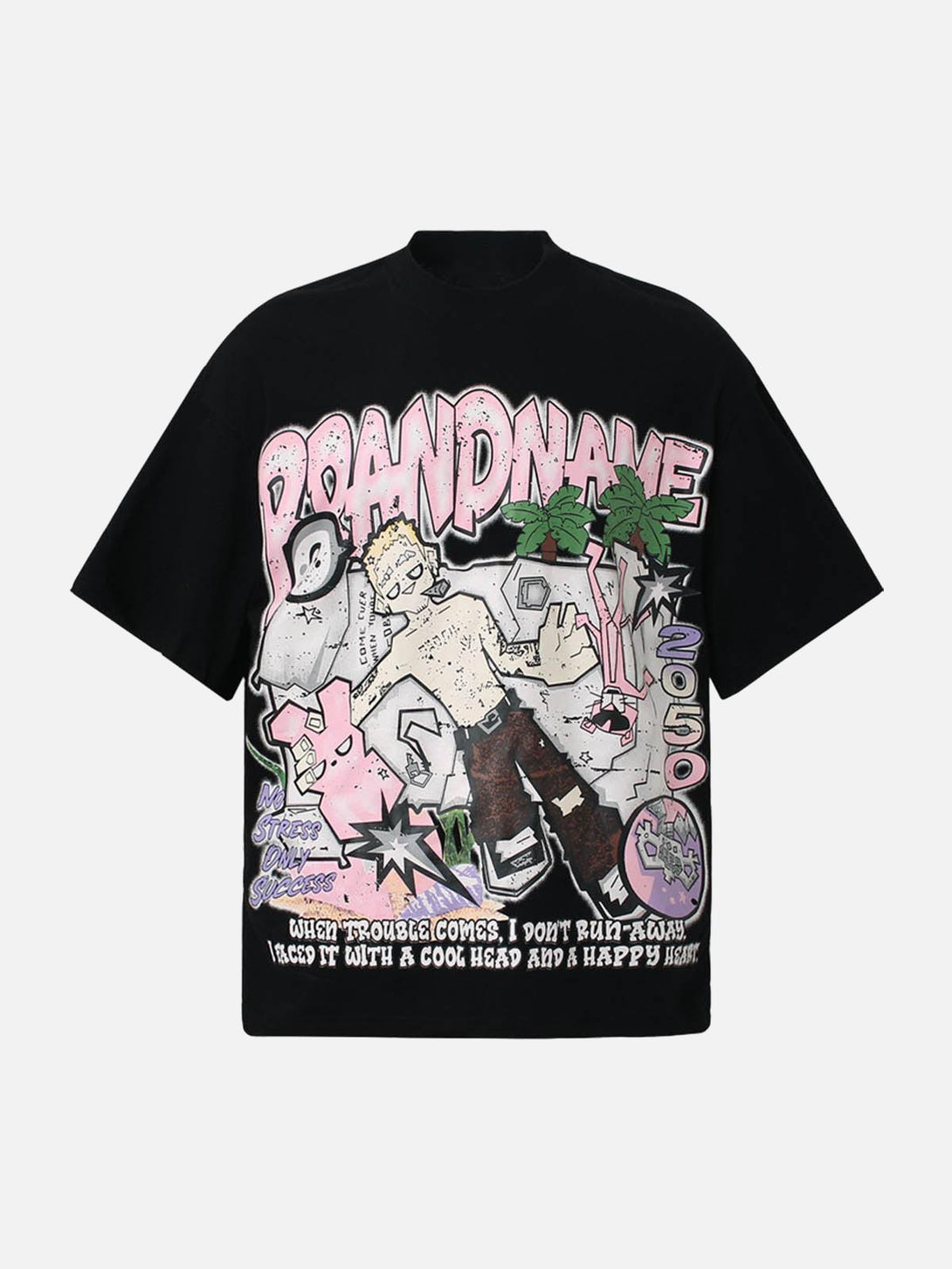 Front view of a black TALISHKO graphic T-shirt featuring playful graffiti art, perfect for adding a bold touch to summer outfits.