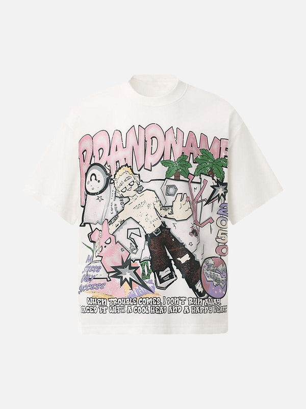 Front view of a TALISHKO graphic T-shirt in white with vibrant graffiti art design.