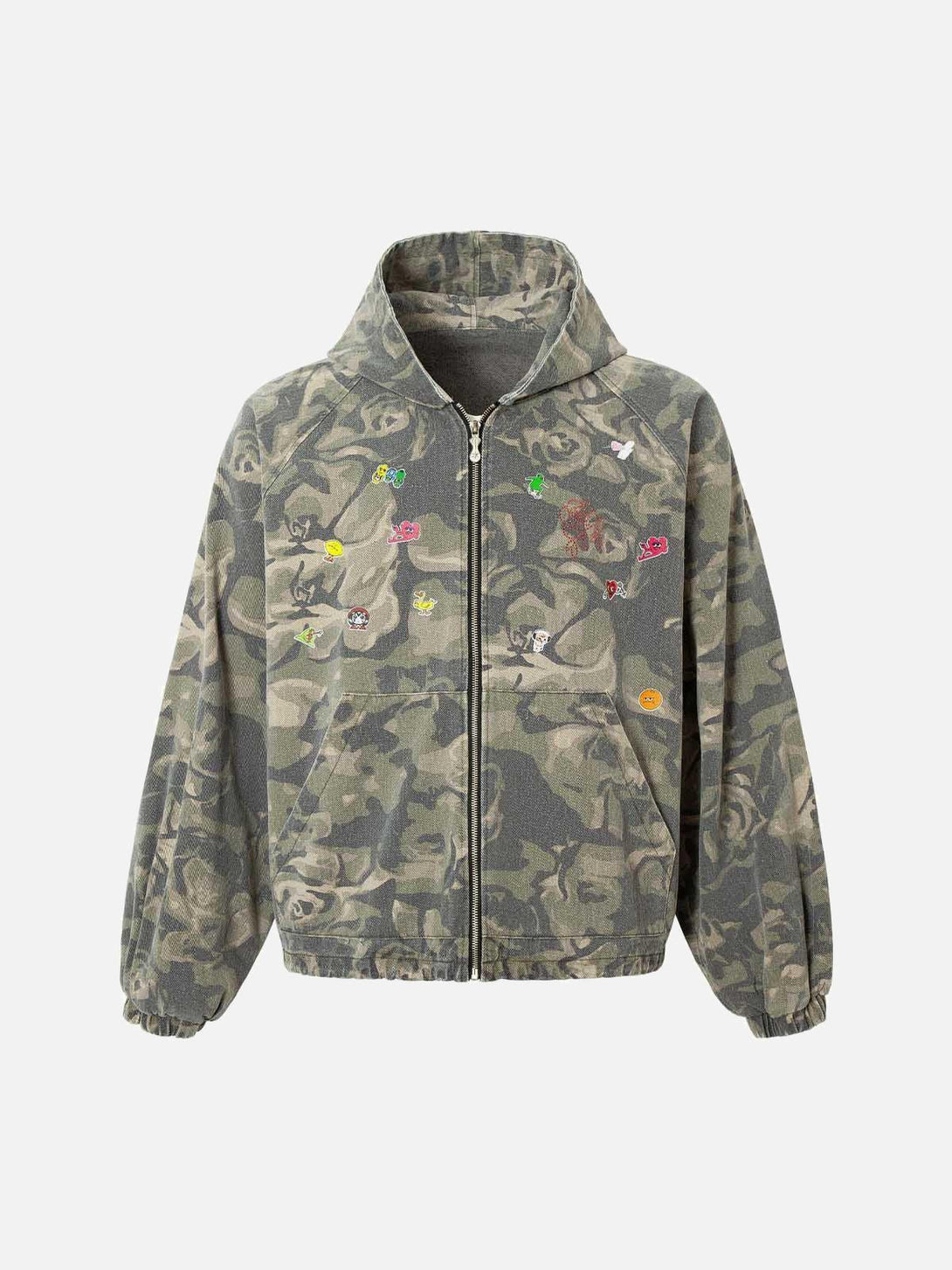 Camouflage hooded jacket by TALISHKO with colorful patchwork details, front view.