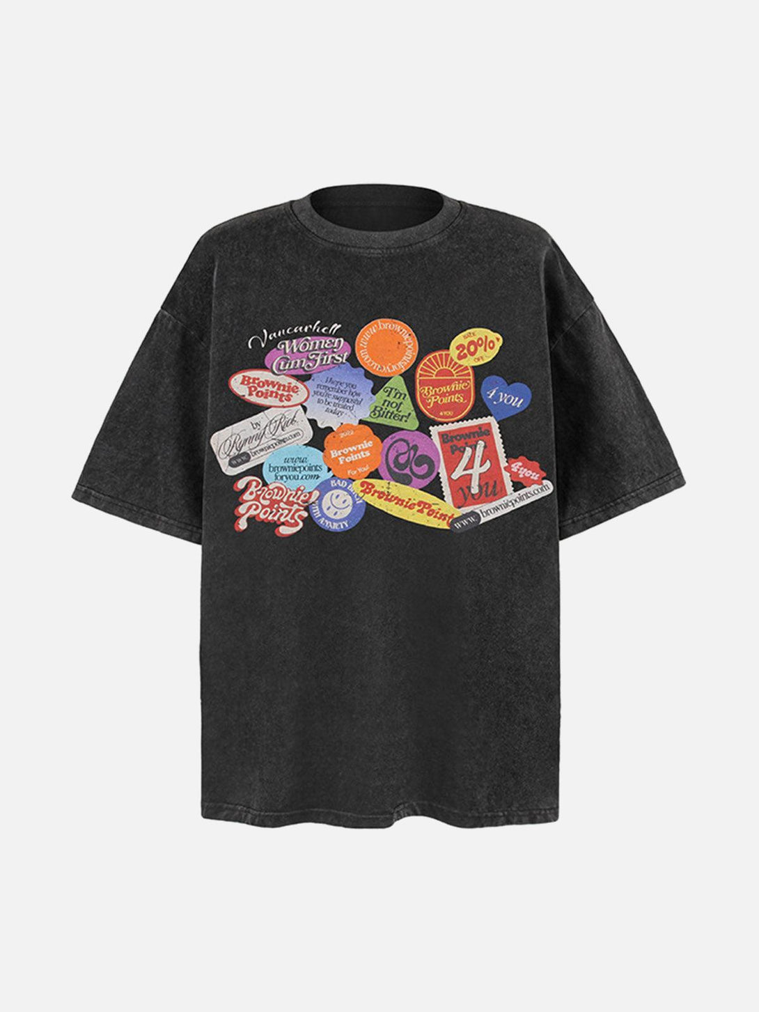 Front view of a black graffiti crew neck T-shirt by TALISHKO, featuring colorful slogans.