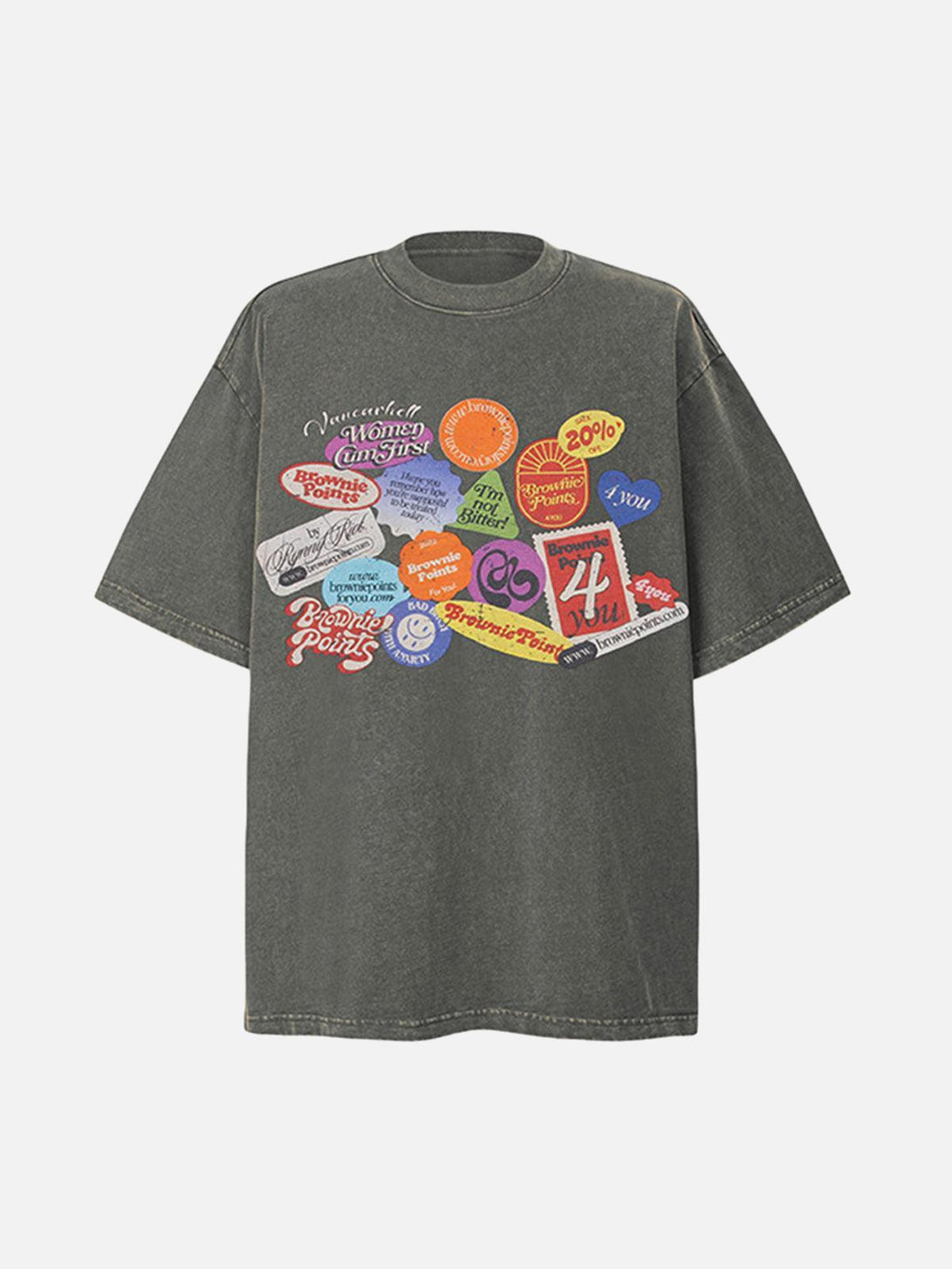 Front view of a gray graffiti crew neck T-shirt by TALISHKO, adorned with vibrant graphic designs.