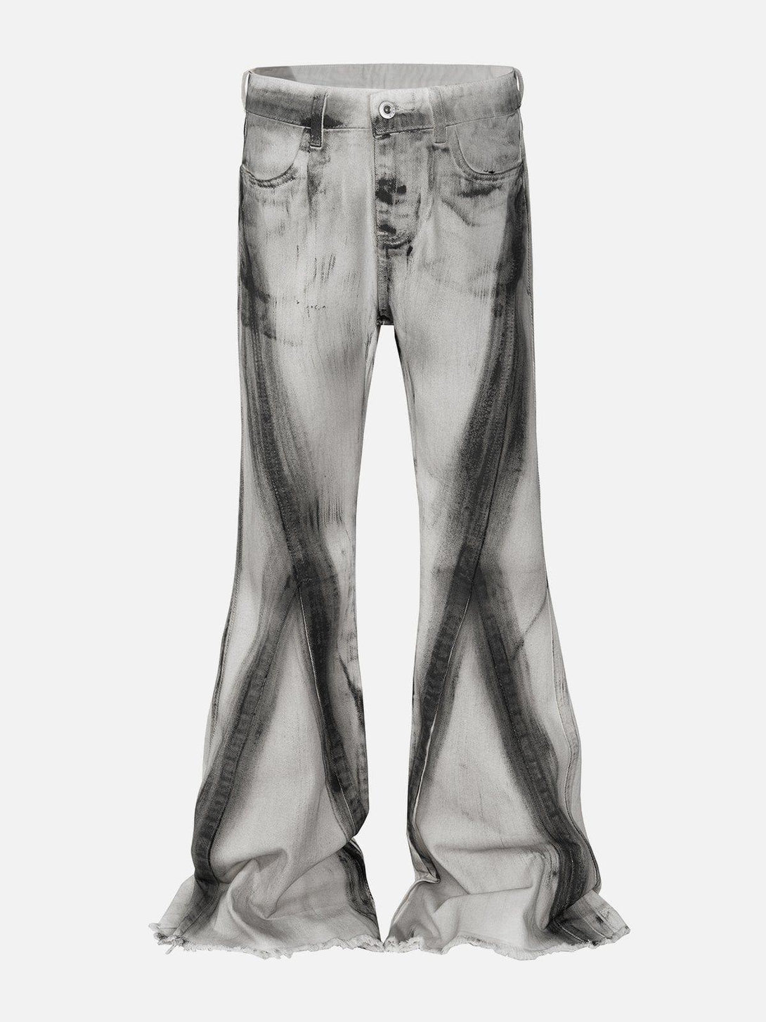 Front view of white graffiti deconstruction jeans by TALISHKO, showcasing a unique street style.