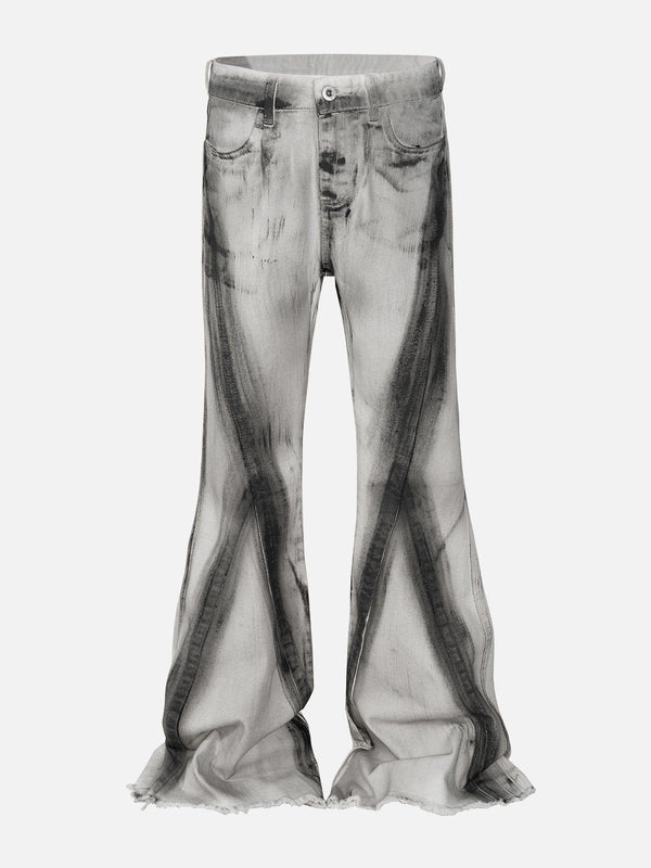 Front view of white graffiti deconstruction jeans by TALISHKO, showcasing a unique street style.