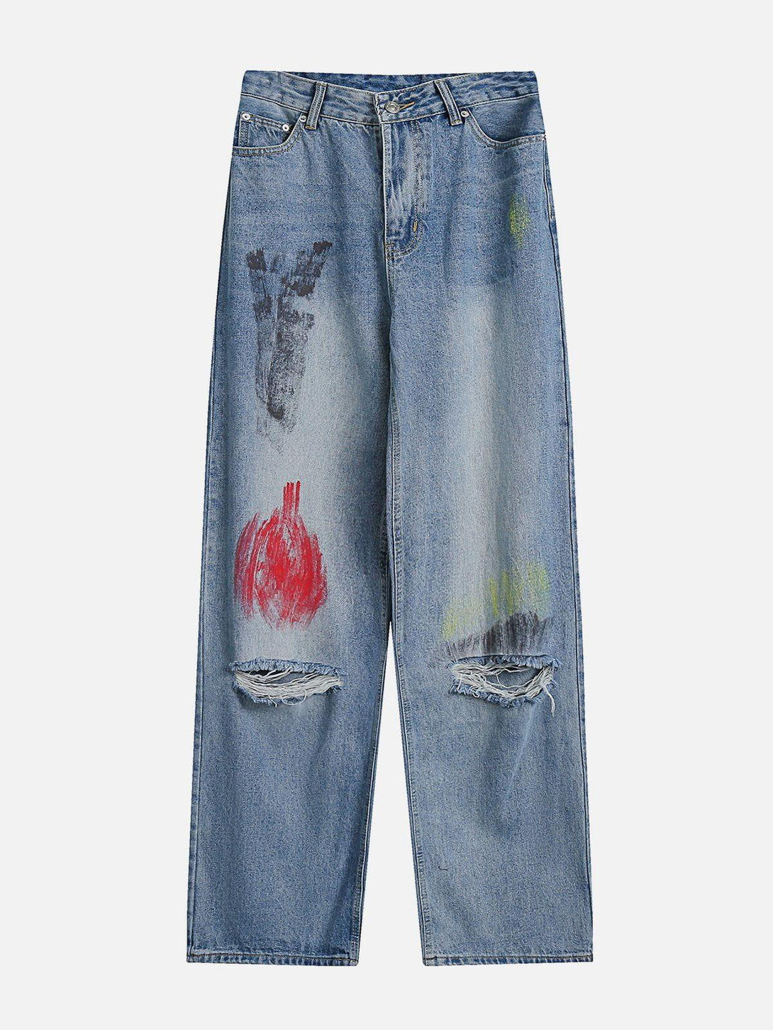 Front view of graffiti distressed jeans by TALISHKO, featuring colorful artistic accents.