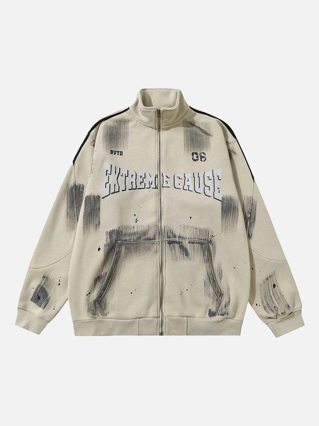 Front view of a beige graffiti print jacket by TALISHKO, blending street-style aesthetics.