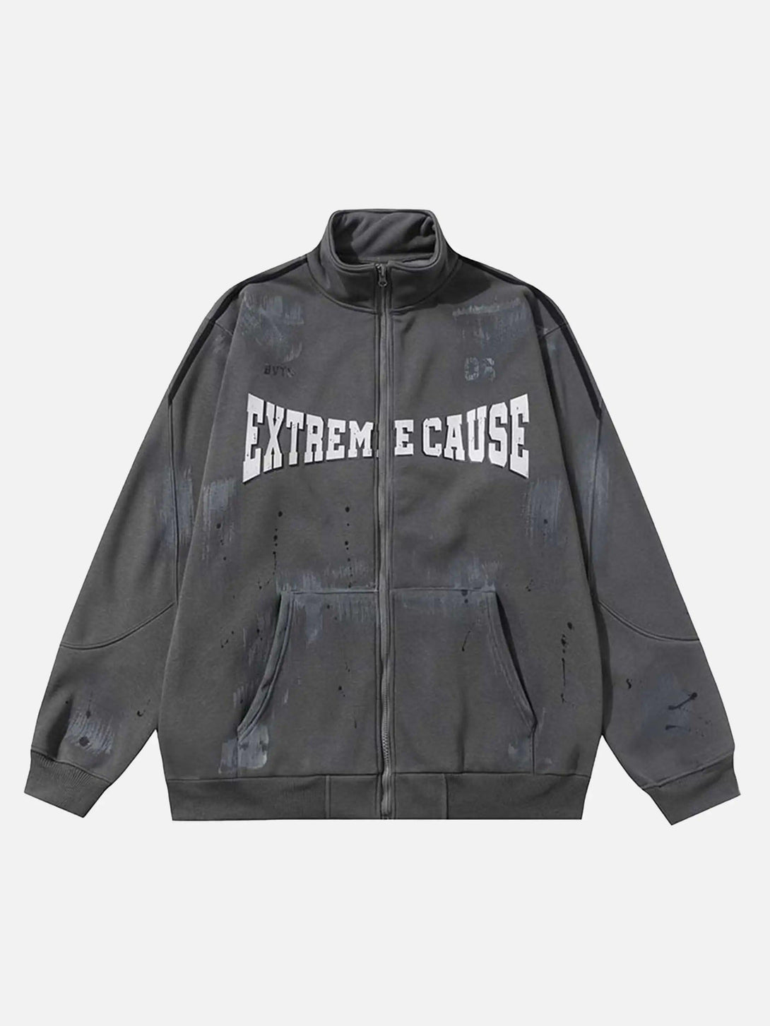 Front view of a gray graffiti print jacket by TALISHKO, featuring bold lettering and artistic details.