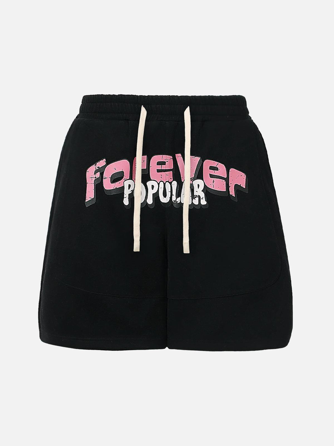 Black cotton shorts by TALISHKO featuring a graffiti design and drawstring in the front view.