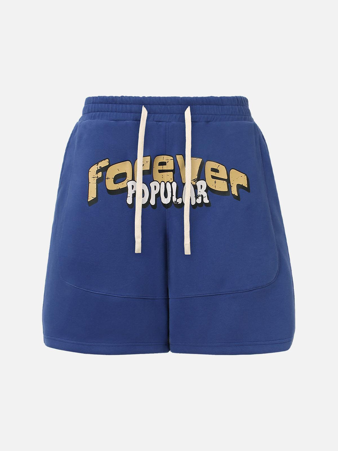 Front view of royal blue cotton shorts by TALISHKO with graffiti design and drawstring.