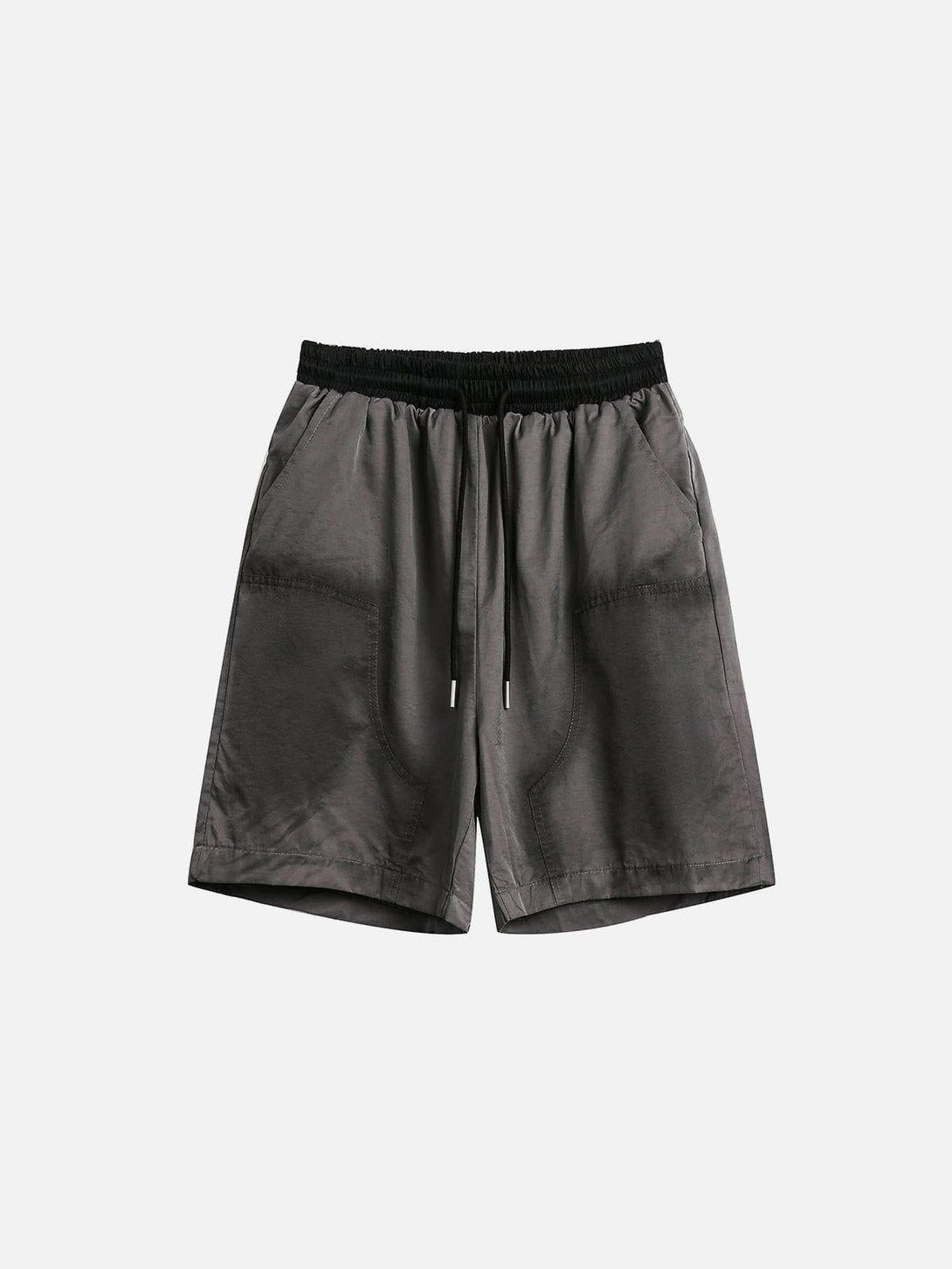 Front view of gray graffiti drawstring shorts by TALISHKO, ideal for casual warm-weather wear.