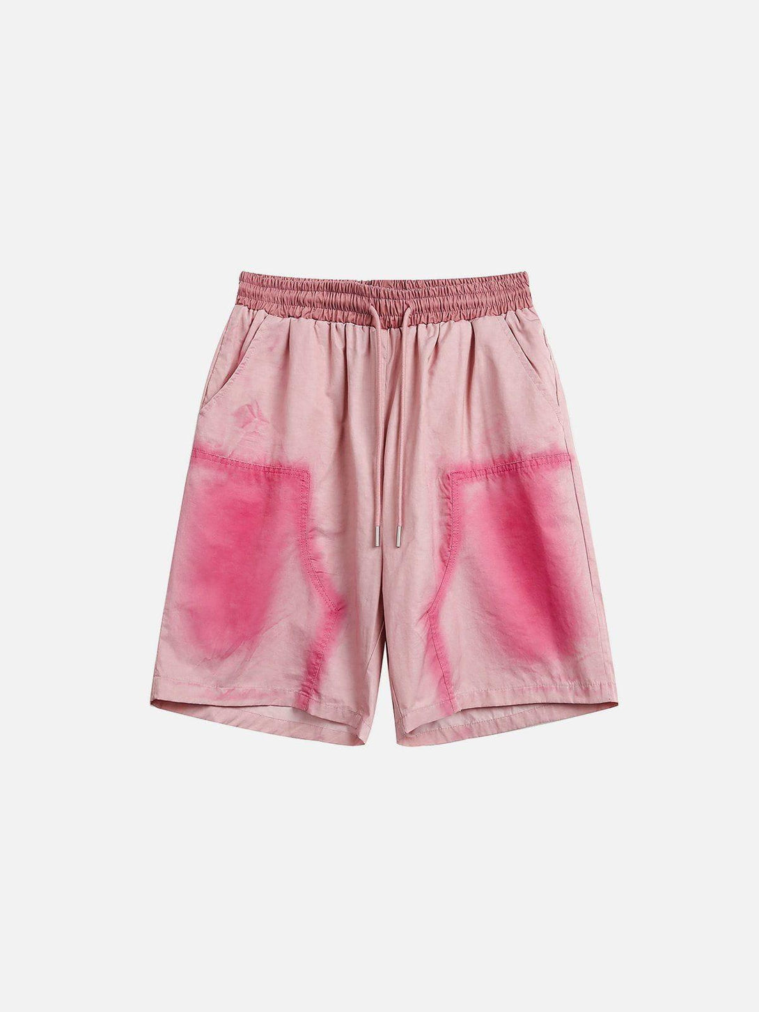 Front view of pink graffiti drawstring shorts by TALISHKO, perfect for casual summer style.