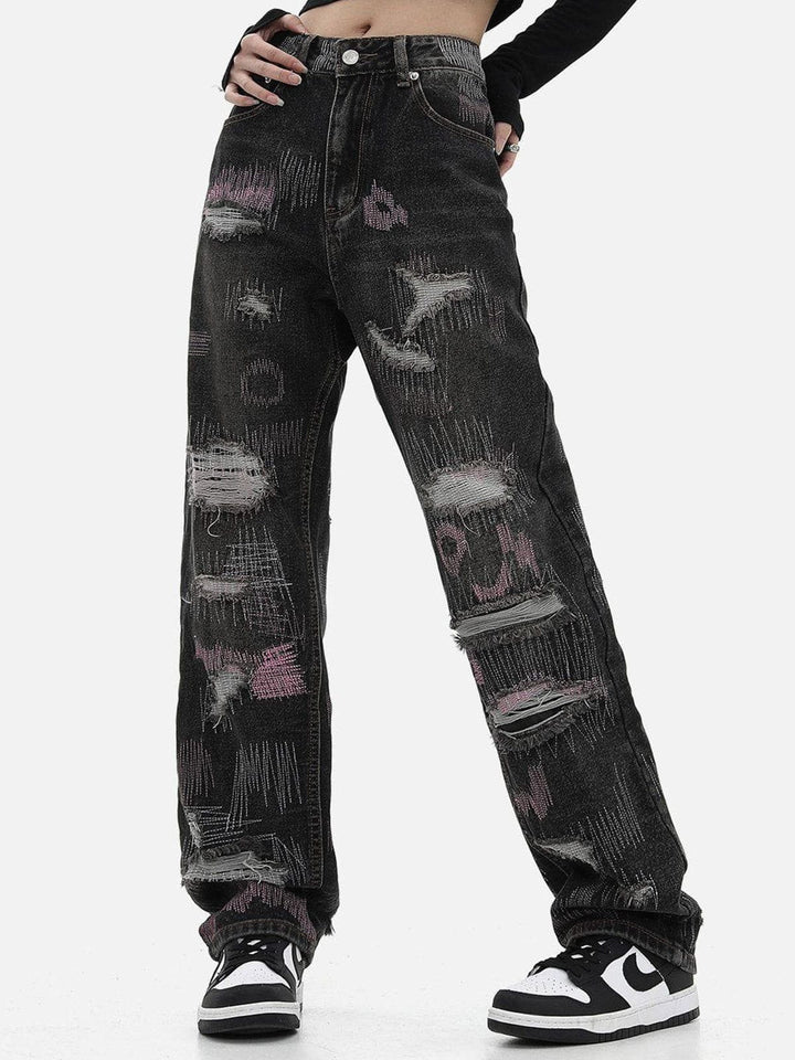 TALISHKO - Graffiti Embroidered Ripped Straight Jeans, streetwear fashion, talishko.com