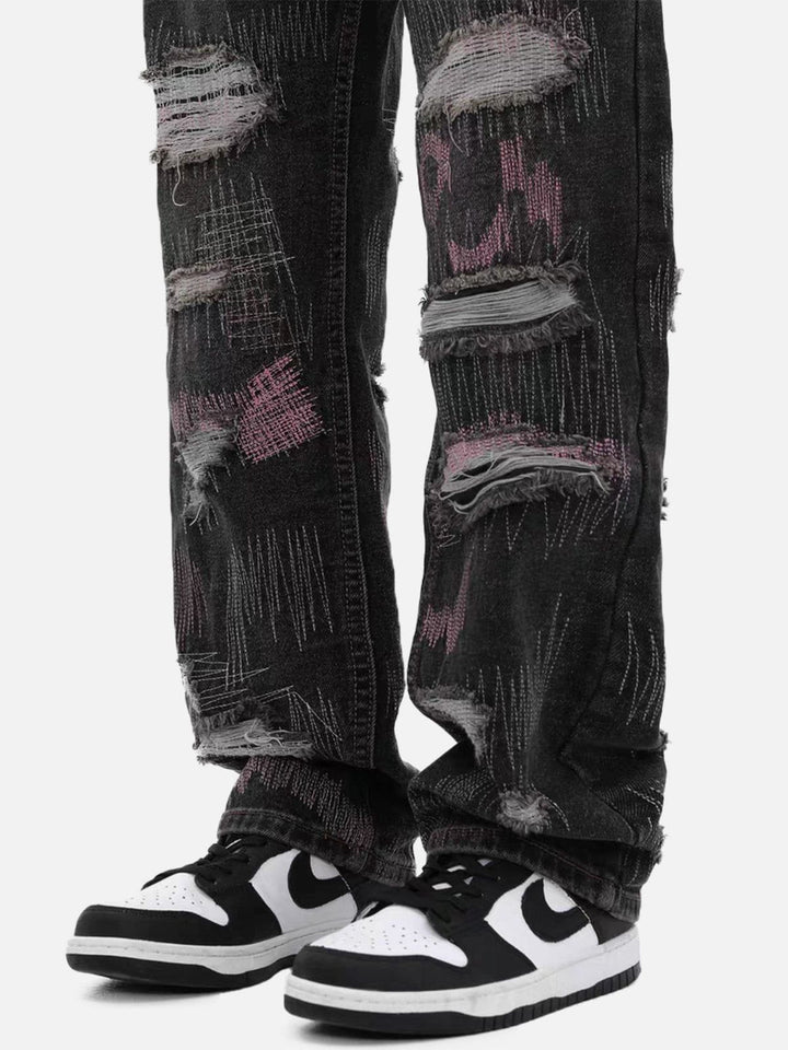 TALISHKO - Graffiti Embroidered Ripped Straight Jeans, streetwear fashion, talishko.com