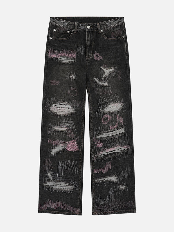 TALISHKO - Graffiti Embroidered Ripped Straight Jeans, streetwear fashion, talishko.com