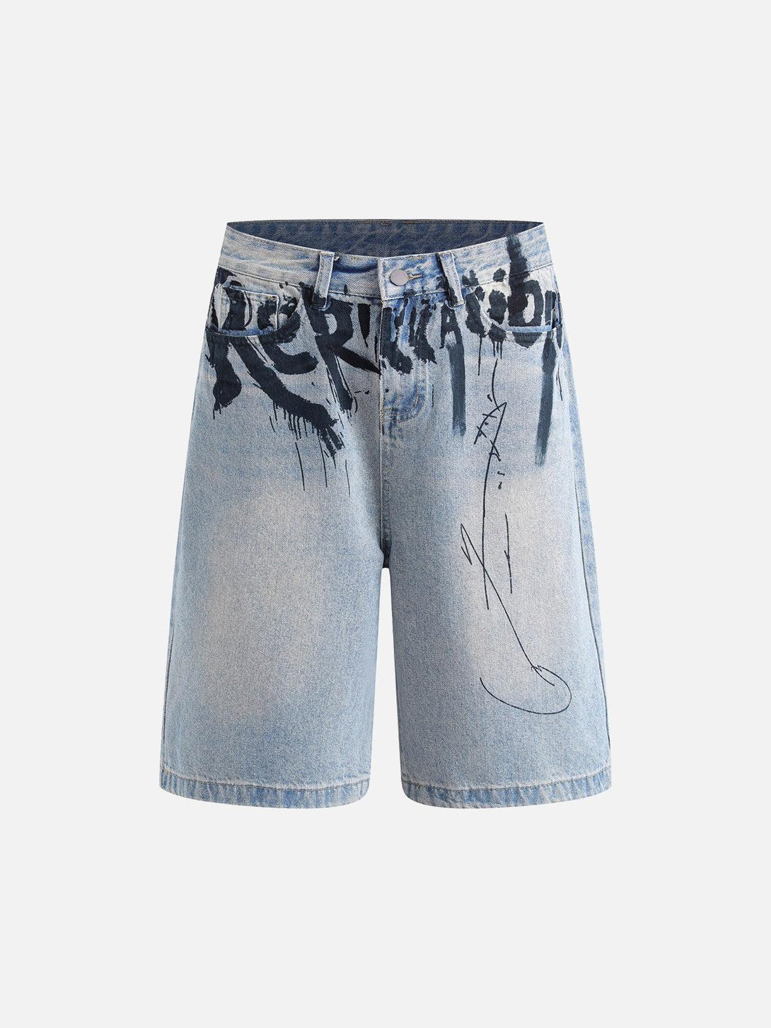 Front view of blue graffiti denim shorts by TALISHKO, featuring bold artistic lettering.