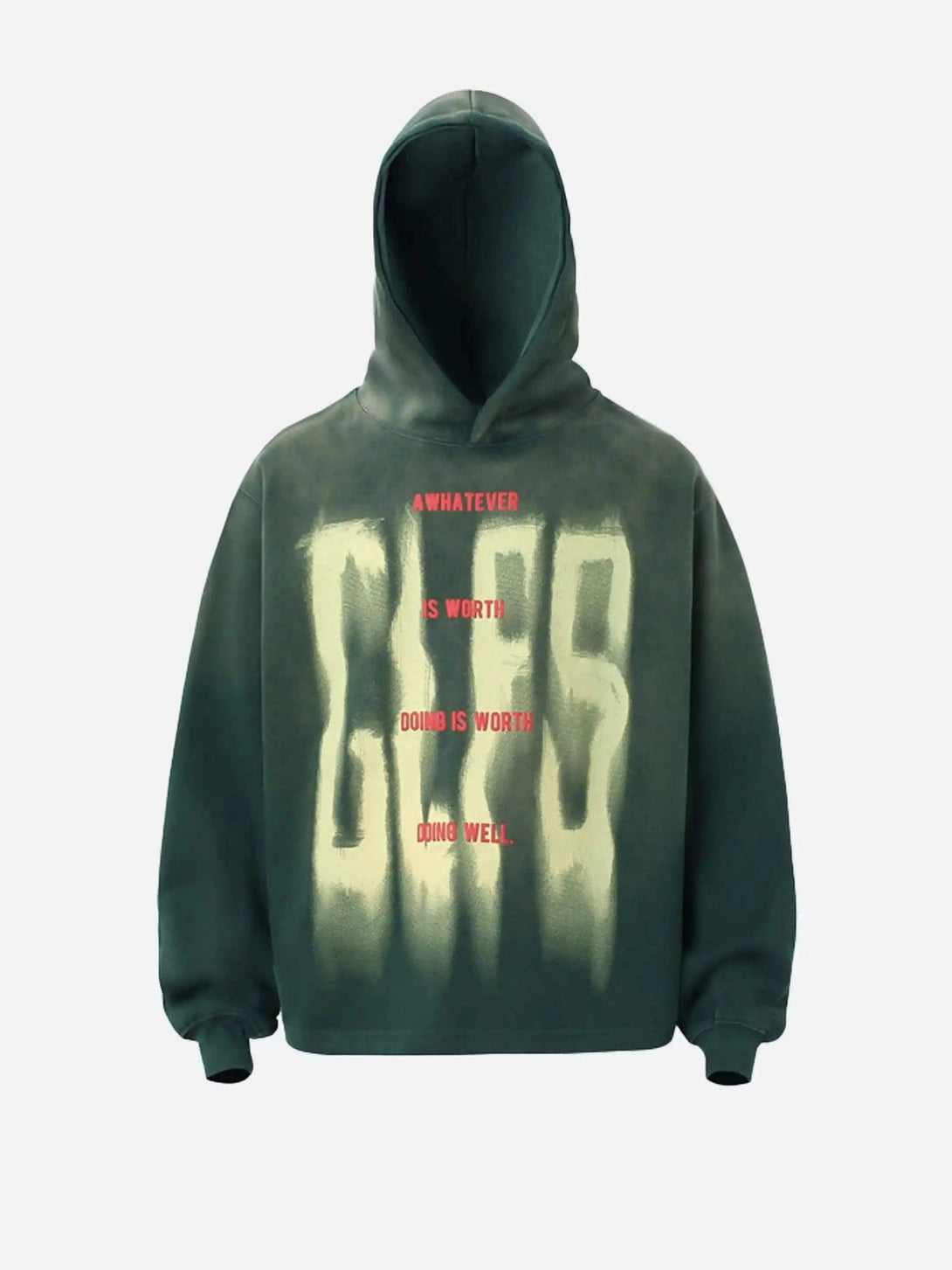 Front view of a green gradient hoodie by TALISHKO with graffiti-style lettering.