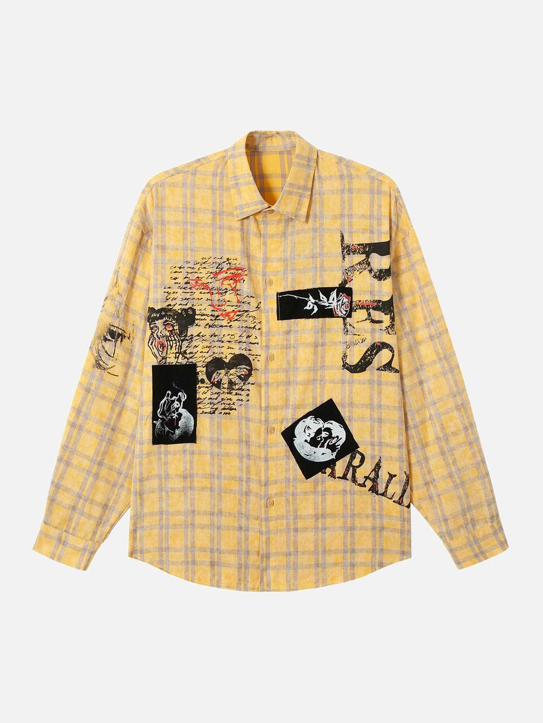 Front view of a yellow plaid polo shirt with graffiti print by TALISHKO, ideal for urban style.