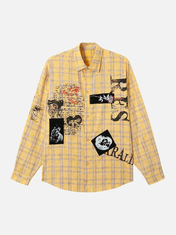 Front view of a yellow plaid polo shirt with graffiti print by TALISHKO, ideal for urban style.