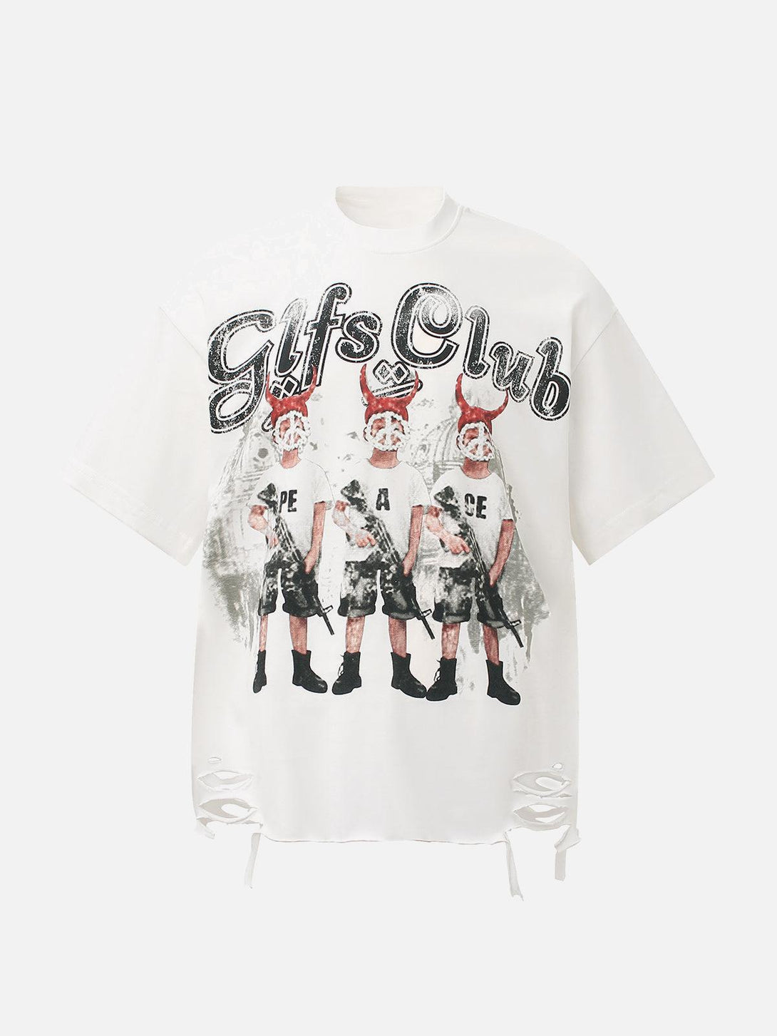 Front view of a white graphic T-shirt by TALISHKO, featuring a bold graffiti and devil design.