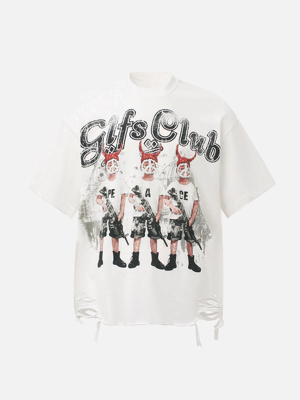 Front view of a white graphic T-shirt by TALISHKO, featuring a bold graffiti and devil design.