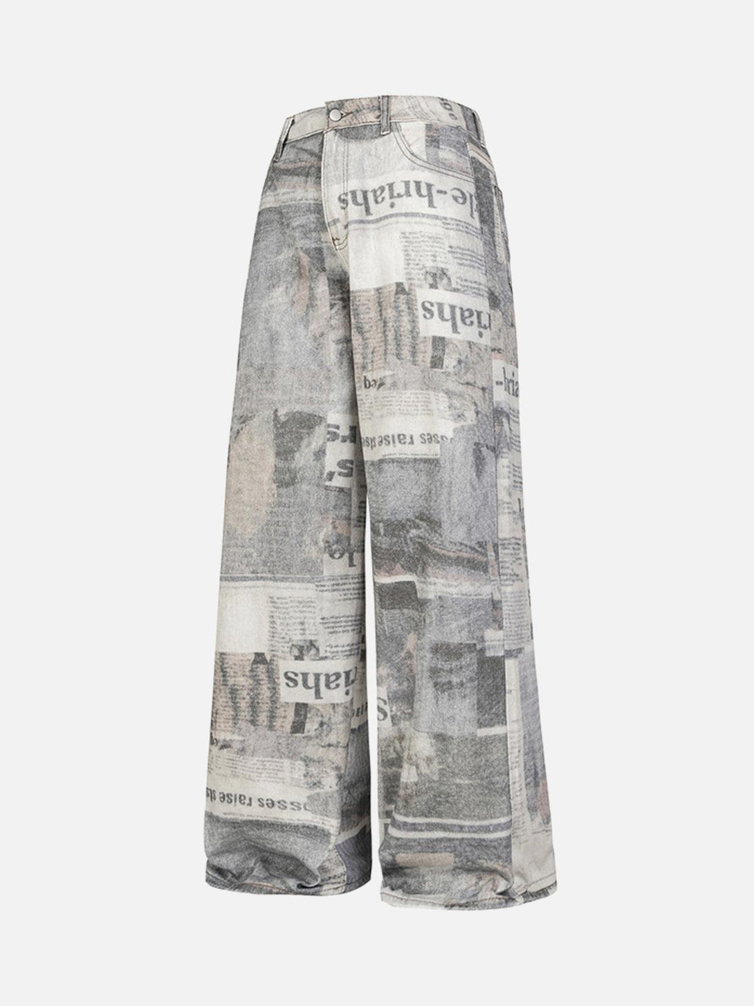 Graffiti newspaper-print baggy jeans by TALISHKO, showcasing a bold, oversized street style.