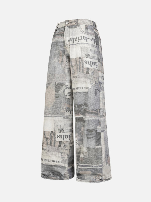 Graffiti newspaper-print baggy jeans by TALISHKO, showcasing a bold, oversized street style.