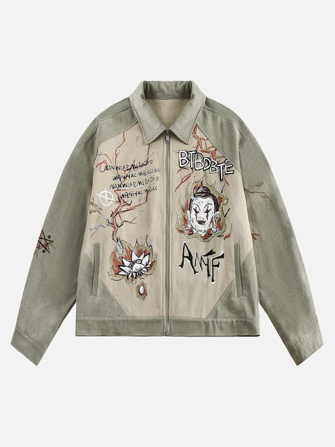 Front view of a light gray denim jacket with graffiti designs and patchwork by TALISHKO.