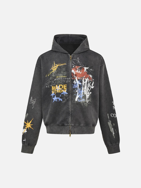 Front view of a black graffiti print zip-up cardigan by TALISHKO, perfect for street style.