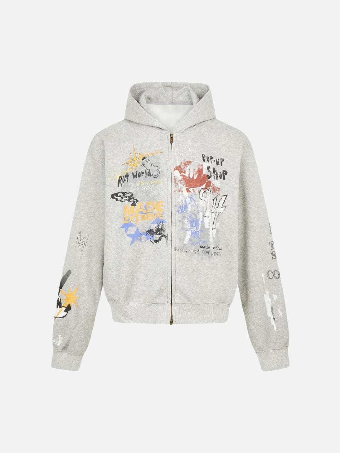 Front view of a gray graffiti print zip-up cardigan by TALISHKO, showcasing urban style.