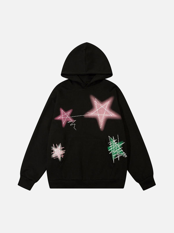 Front view of a black graffiti star hoodie by TALISHKO, featuring vibrant star patterns.
