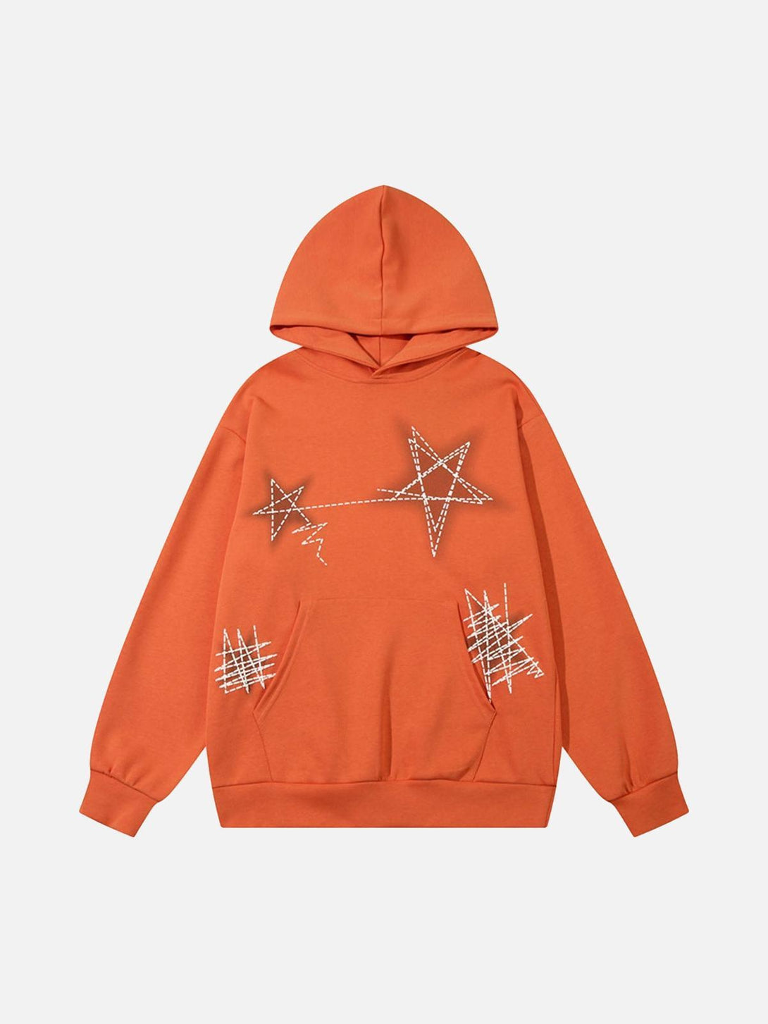 Front view of an orange graffiti star hoodie by TALISHKO, featuring unique stitched star designs.