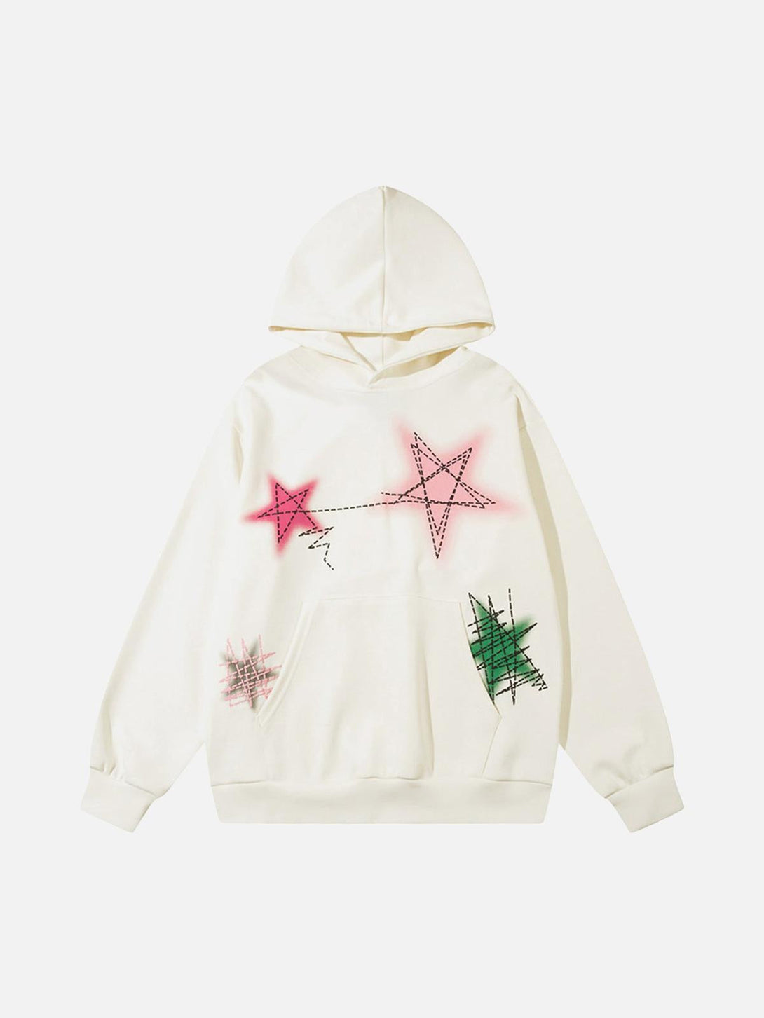 Front view of a white graffiti star hoodie by TALISHKO, featuring bold, colorful star designs.