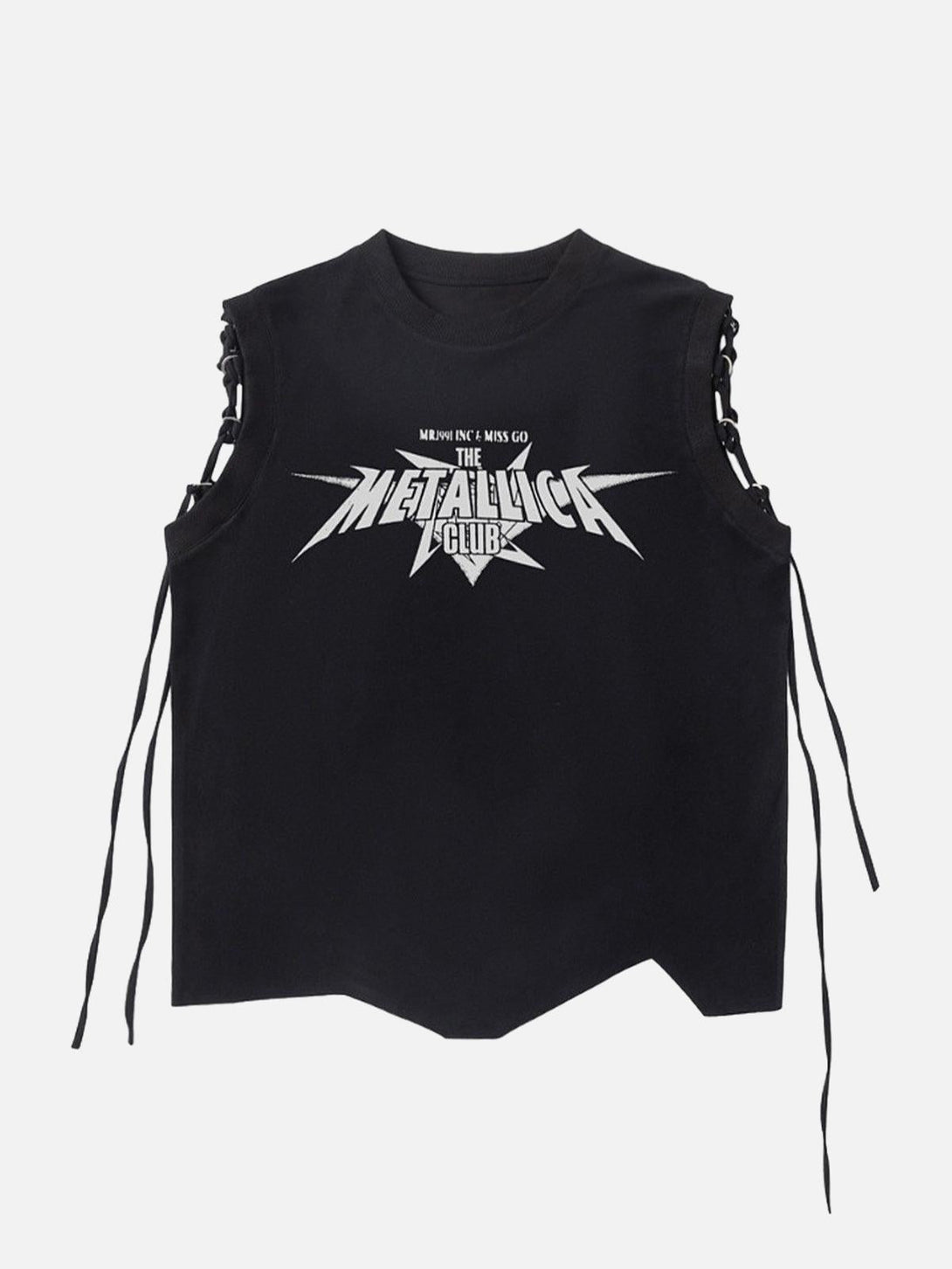 Front view of a black graphic vest with adjustable straps by TALISHKO, perfect for edgy style.