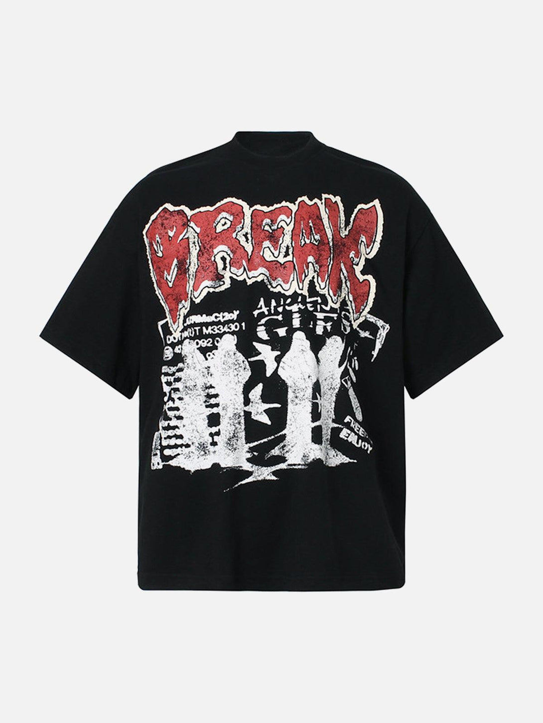 Front view of black graphic "BREAK" print T-shirt by TALISHKO, ideal for casual summer style.