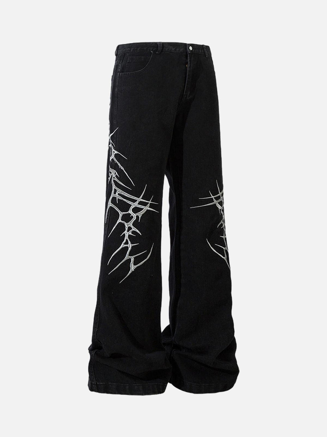 Black graphic embroidered straight jeans by TALISHKO, showcasing bold street-inspired design.