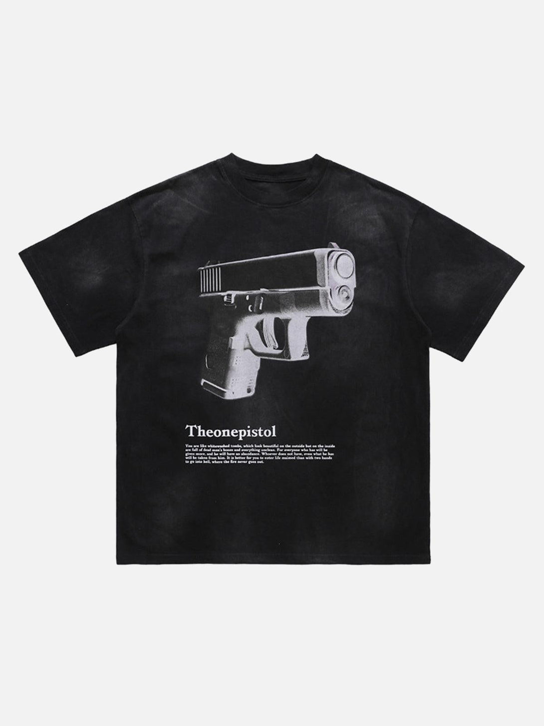 Black graphic gun print T-shirt by TALISHKO, front view highlighting edgy urban fashion.