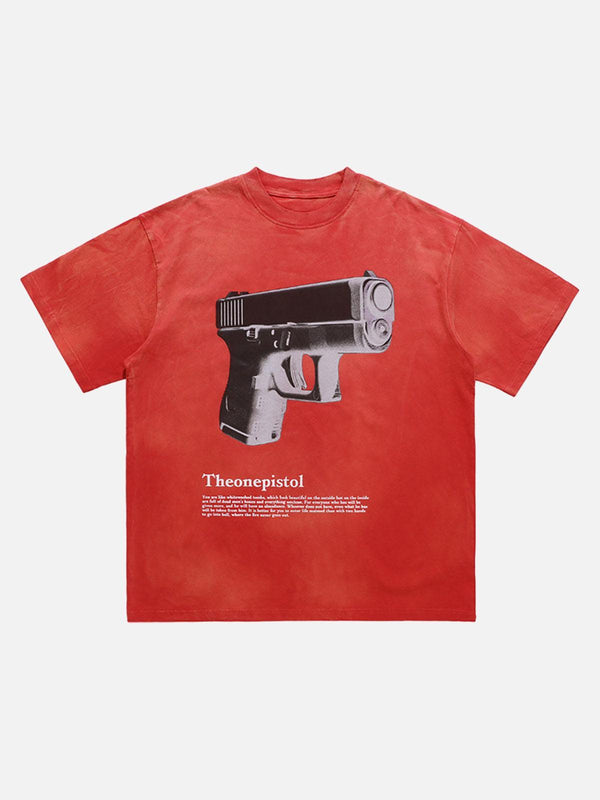 Red graphic gun print T-shirt by TALISHKO, front view showcasing bold urban style.