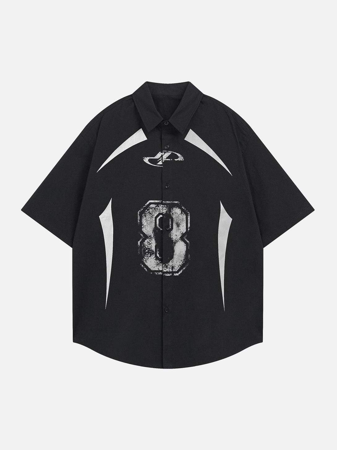 Front view of a black graphic jersey short sleeve shirt by TALISHKO with bold number design.