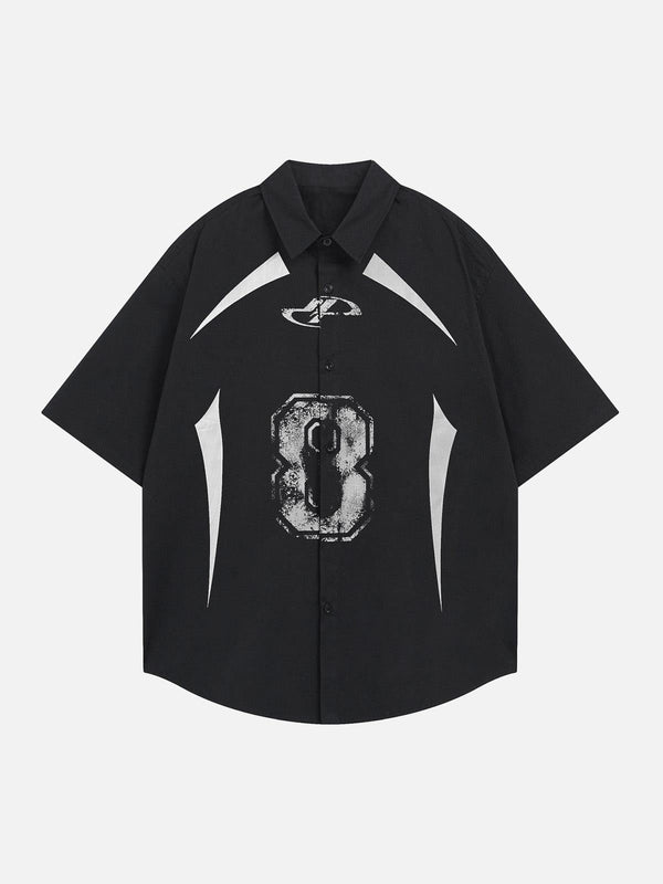 Front view of a black graphic jersey short sleeve shirt by TALISHKO with bold number design.