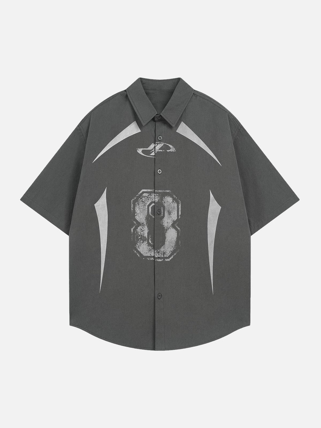 Front view of a dark gray graphic short sleeve shirt by TALISHKO with a striking number design.