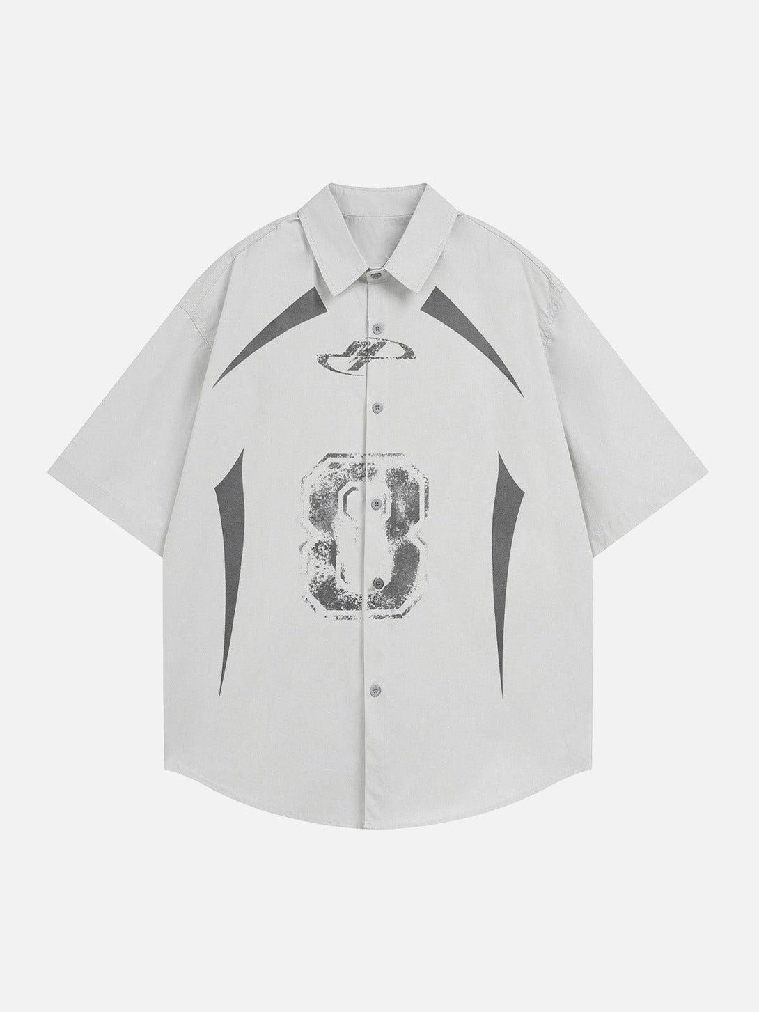 Front view of a light gray graphic short sleeve shirt by TALISHKO featuring bold designs.