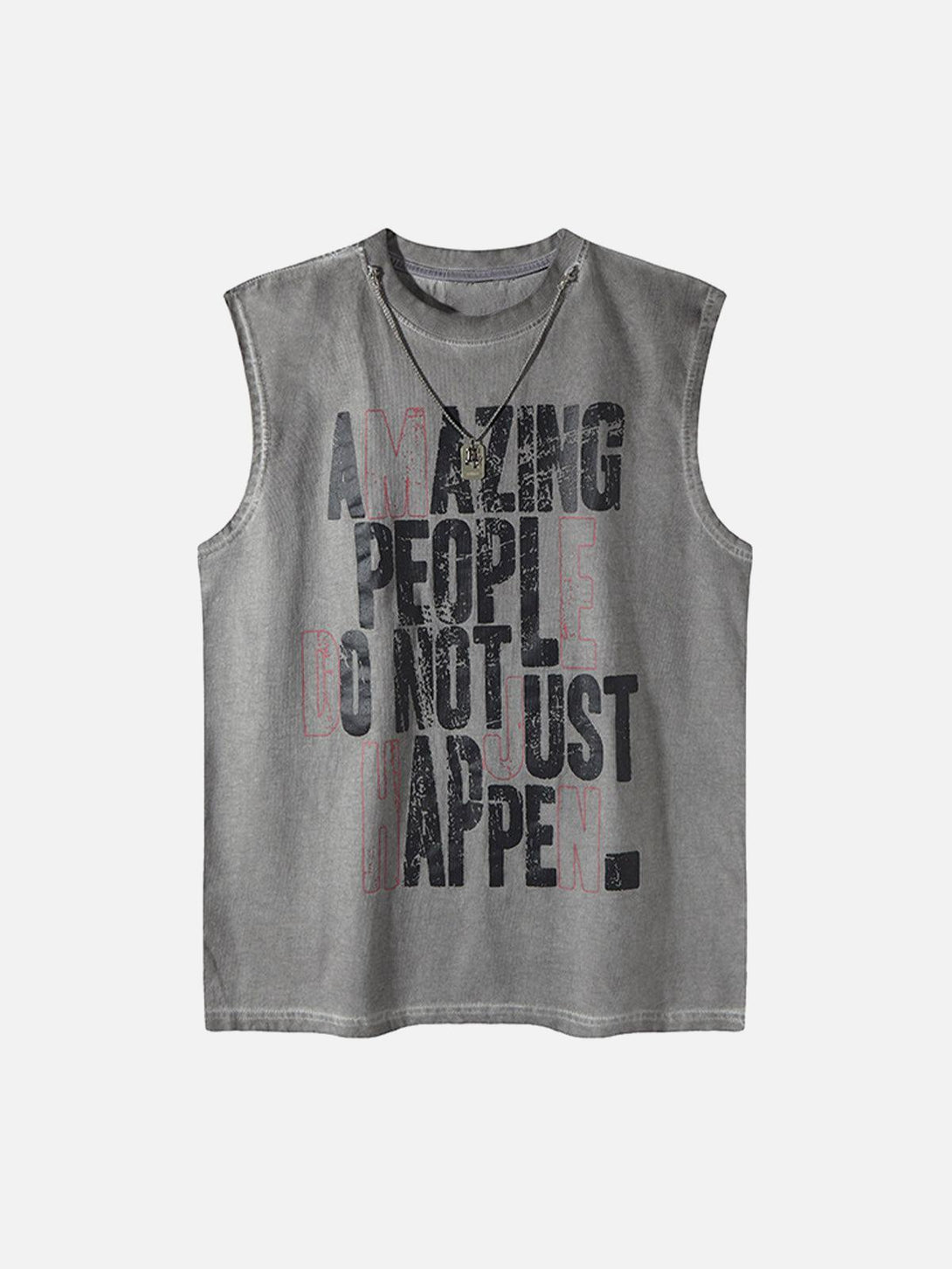 Gray graphic lettering chain vest by TALISHKO, front view, ideal for a relaxed look.